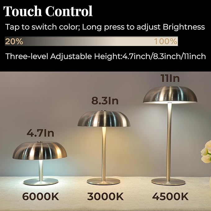 Portable Mushroom Table Lamp with 5200mAh Battery, Cordless LED Night Light with Stepless Dimming, 3 Color Modes & Adjustable Height for Bedroom, Patio, Bar Decor and Coffee Shop (Silver-Tall)
