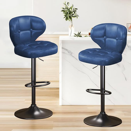 Bar Stools Set of 2, Adjustable Swivel Bar Chairs with 360° Rotation, Padded Counter Stools with Back and Footrest for Kitchen Island, Bistro, Cafe, and Home Use Blue