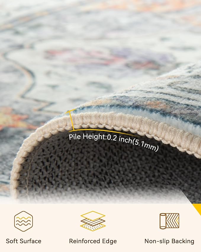 RELEANY Area Rugs 4'x6' Washable Non-Slip, Floral Vintage Distress Print Pattern Medallion Carpet for Living Room Bedroom Dining Room, Light Yellow Carbon Grey Orange