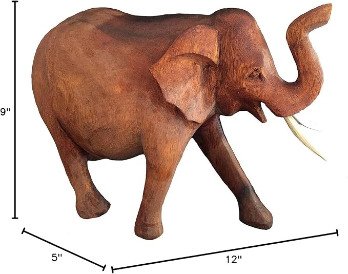 OMA Elephant Statue Solid Wood Hand Carved Lucky Trunk Up Elephant Figurine Home Decor (Large)
