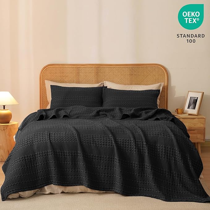 PHF 100% Cotton Waffle Weave Blanket King Size for Bed, Soft Lightweight & Breathable, All-Season Comfort, 300 GSM Luxury Aesthetic Blanket for Home Decor, 108"x90", Black