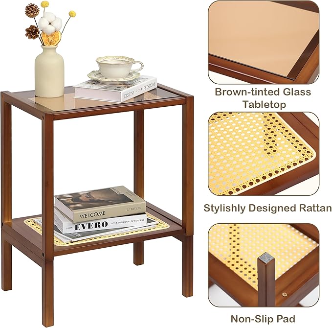 2-Tier Bamboo Side Table, Modern Glasstop Rattan Side Table, Mid Century Wood Sofa-Side End Tables for Living Room, Bedroom Night Stand with Storage, Small Narrow Coffee Tables, Walnut