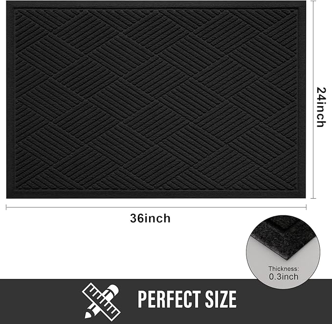 HIYARD Sturdy Front Door Mat, Absorbent Muddy Dirt Resist Welcome Door Mats Outdoor Indoor, Stain and Fade Resistant, Non-Slip Rubber Backing Low Profile Doormat for Entryway, 36×24, Black
