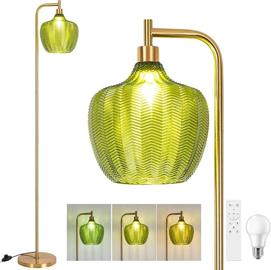 JERANDO Gold Floor Lamp for Living Room, Modern Standing Lamp with Remote, 3CCT Dimmable Stained Glass Tall Lamp with Green Lampshade, Mid Century Vintage Floor Lamps for Bedroom, Study Room (Green)