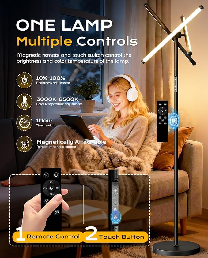 Modern LED Dimmable Floor Lamp, Black Tall Standing Lamp for Living Room Bedroom with 3 Rotatable Lamp Bars, 70'' Bright Stepless Dimmable LED Tree Floor Light with Remote Control