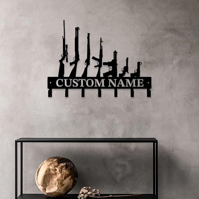 Personalized Custom Name Gun Wall Hooks,Metal Gun Room Art Clothes Hooks,Metal Gun Wall Home Storage Decorative,For Front Door, Hallway, Kitchen, Bedroom,Keys,Hats (Style G)