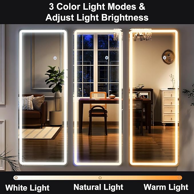 HARRITPURE LED Full Length Mirror - 64"x21" Rounded Corner Floor Mirrors with Stand, Large Standing Mirror with Lights for Bedroom/Cloakroom -Dimmable & 3 Color Lighting/Wall Mounted