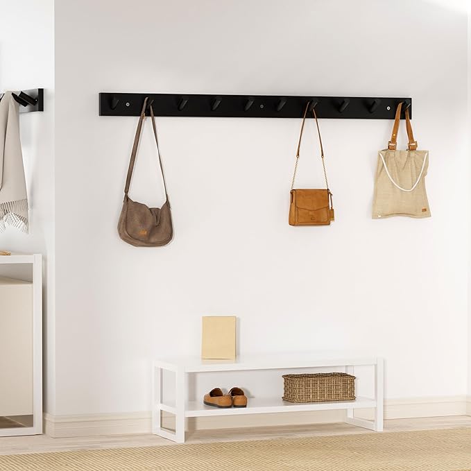 SKOLOO Wood Coat Rack Wall Mounted,10 Peg Long Bamboo Hook for Hanging Backpack Coat Towel Hat,16'' Hole to Hole,Black