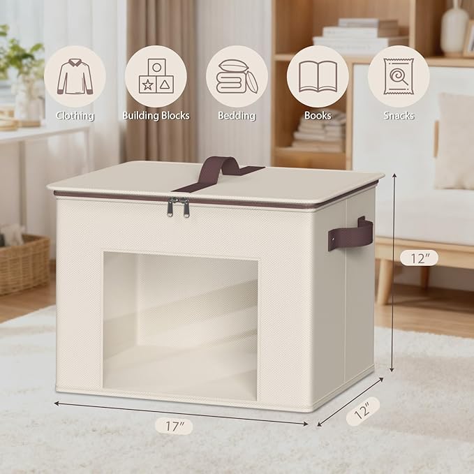 Zilink Fabric Storage Bins with Lid 4-Pack Stackable Cloth Storage Bins Sweater Organizer with Zipper & Clear Window Closet Organizers and Storage Box for Home, Office, Bedroom (Beige,17" x 12" x 12")
