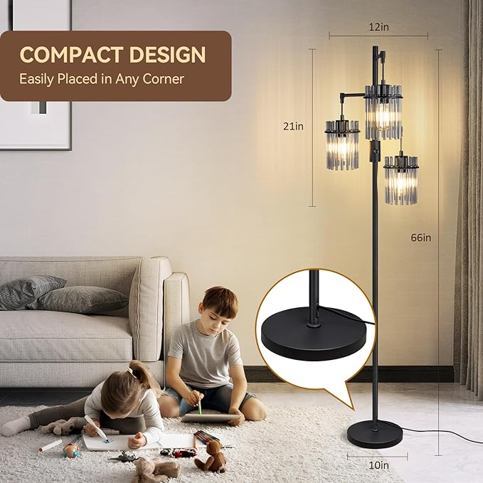 VOUTOORO Industrial Modern Floor Lamps for Living Room, Dimmable Glass Tree Standing Tall Lamps with 3 Elegant Teardrop Cage Head & 1200 Lumens LED Bulbs for Bedroom Office (66inch Tall)