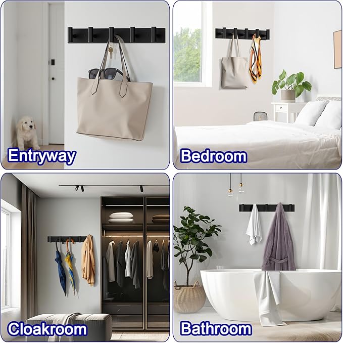Coat Rack Wall Mount - 5 Coat Hooks, Towel Racks for Bathroom Robes Bags Keys, Hat Rack Wall Towel Hooks Organizer Essential (Black)