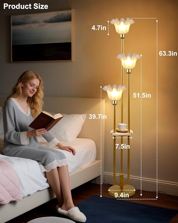Lightdot Flower Floor Lamp for Living Room, Dimmable Vintage Floor Lamp with Shelf &3 LED Bulbs, 3 Light 3000K Soft Warmwhite Gold Mid Century Standing Lamp, Floral Tall Lamp for Bedroom Office