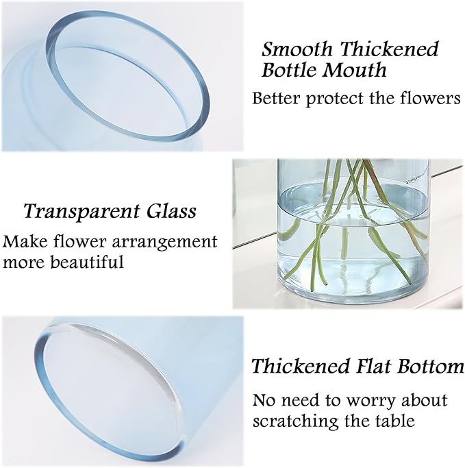 Large Glass Vase, 9 Inch Blue Glass Vase, Large Flower Vases for Bouquet, Tall Wide Mouth Vases for Flowers, Home, Wedding, Living Room, Office Decor