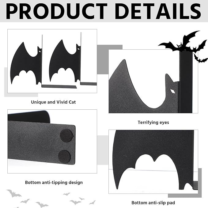 Geelin Metal Bat Bookends Set of 2 Styles Gothic Book Ends for Shelves Bookshelf Home Office Desk Bookshelf Decor Gift for Lovers and Reading Enthusiasts