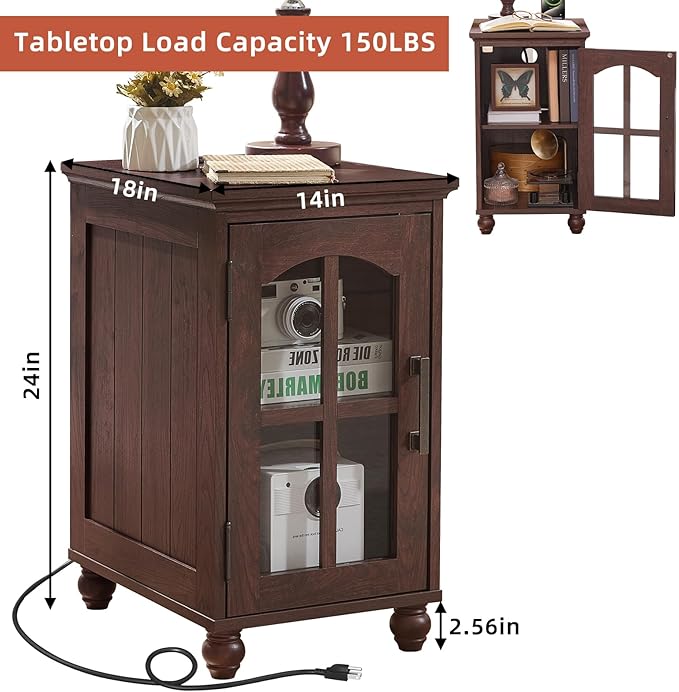Narrow Side Table,Farmhouse Nightstand with Charging Station,Wood End Table with Glass Barn Door Storage, Cabinet Organizer with Adjustable Shelf, Night Stand for Small Spaces for Living Room Bedroom