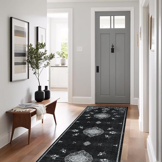 Beverly Rug Non Slip Rugs 2x7 Boho Medallion Floral Non Skid Rubber Backing Easy Silk Soft Runner Rug for Living Room Easy to Clean Non Shedding Kitchen Bedroom Indoor Carpet (2 x 7 Black - White)