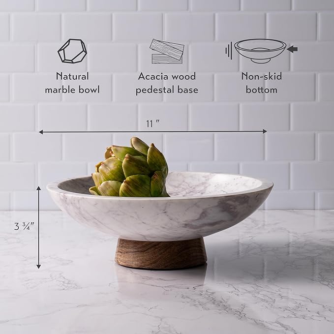 Cork & Mill Marble Decorative Bowl for Home Decor - Handcrafted Natural Stone with Acacia Wood Pedestal - Versatile 11" Catch All for Entryway, Kitchen Fruit Bowl, Potpourri, Dining Table Centerpiece