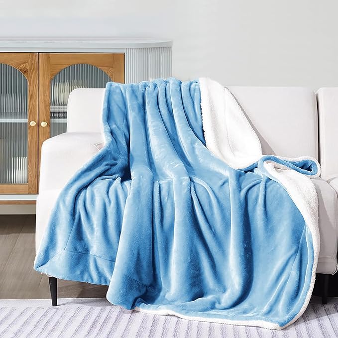 MOONLIGHT20015 Sherpa Blankets Queen Size - (Light Blue, 90X90 Inches) Fuzzy, Soft and Wool/Fleece Blanket for Bed, Fluffy Blankets for Winter, Camping and Travel
