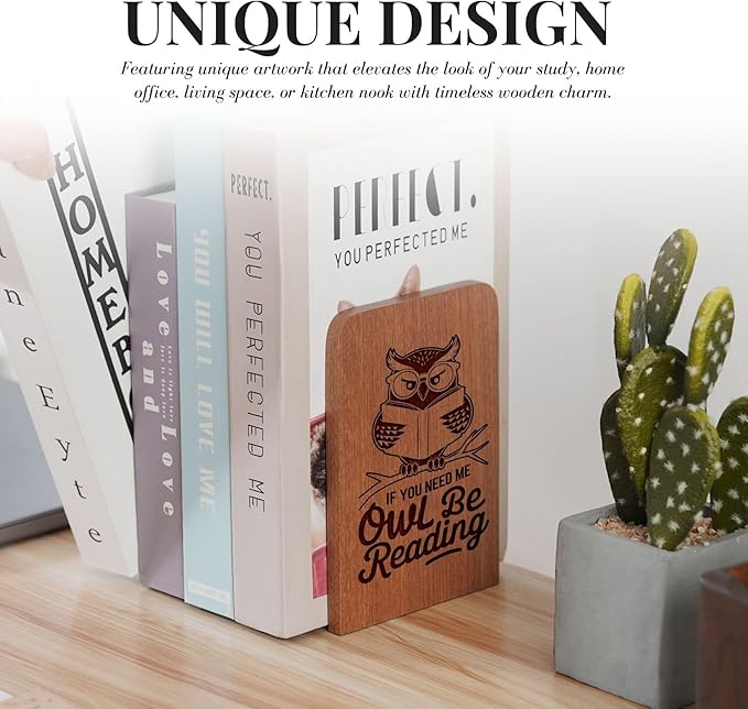 Owl Gifts for Women Men, Owl Bookends, Heavy Duty Wooden Book Ends for Shelves Decorative(1 Pair, 4.72x6.69 Inches)
