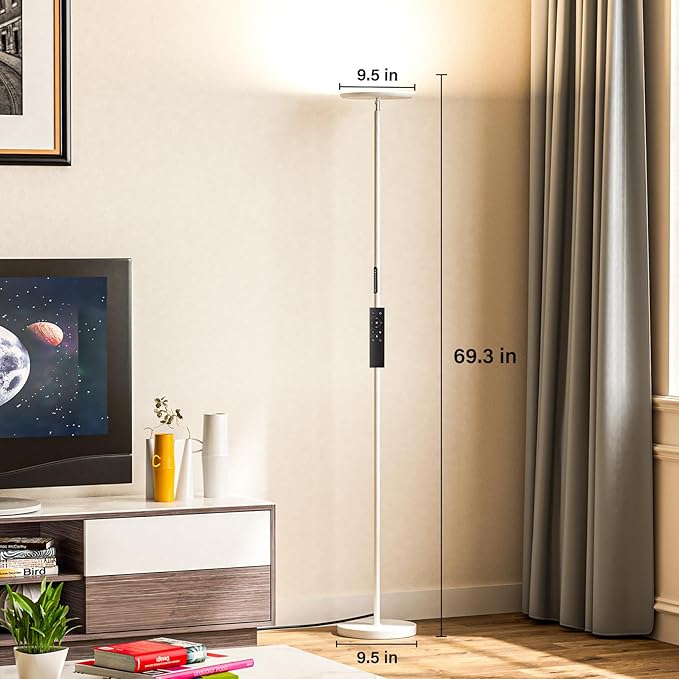 PreeOtti Modern LED Floor Lamp - Remote & Touch Control, Sky Torchiere Standing Lamp, Fully Dimmable, 3 Color Temperatures, Ideal for Living Room & Bedroom, Easy to Assemble(White)