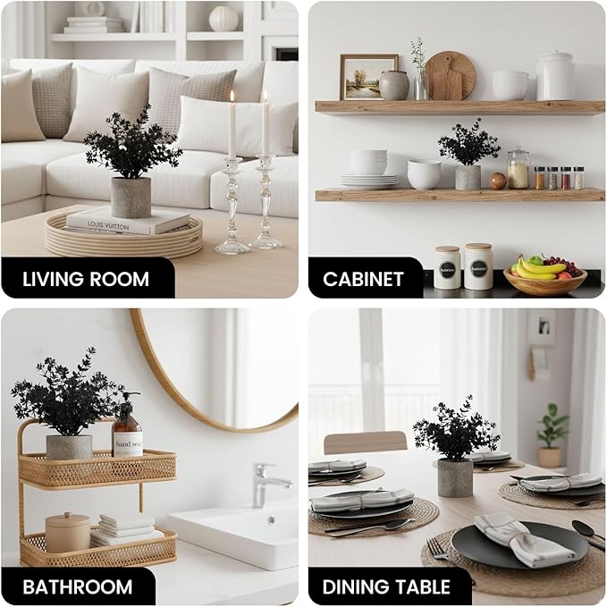 DomeStar 2PCS Faux Eucalyptus Stems, Artificial Eucalyptus Plants Greenery Stems in Pots with Gift Bags and Ribbons for Shelf Desk Home Bathroom Modern Farmhouse Living Room Coffee Table Decor (Black)