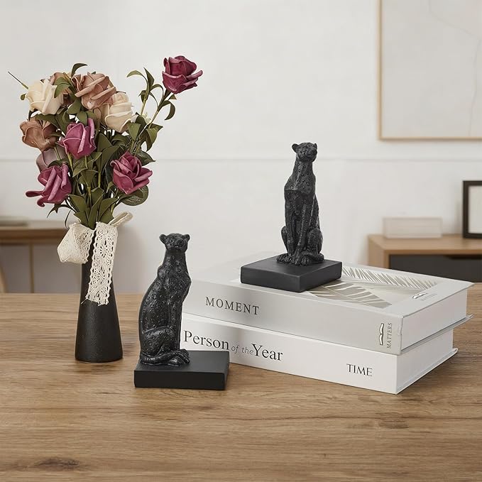 Black Cheetah Bookends, Book Ends for Shelves to Hold Books Heavy Duty, Creative Resin Book Holders for Home Farmhouse Shelves Office Lover Gift