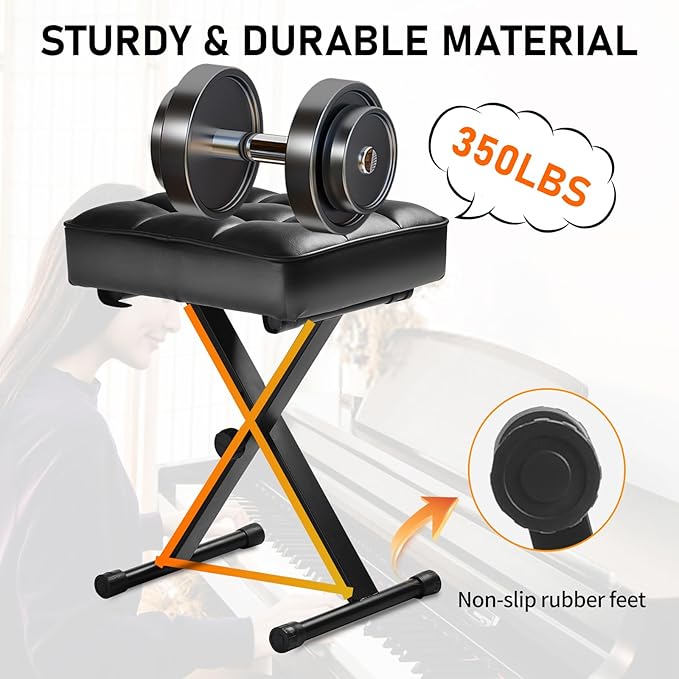 Keyboard Bench Adjustable Piano Stool - Extra Comfortable Piano Bench with High Rebound Sponge Cushion,No Deformation,Superior Support,X-Style Portable Foldable Piano Chair, 3 Height Adjustment(Black)