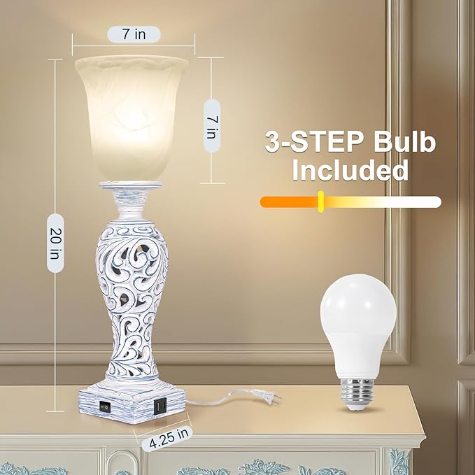 20" Table Lamp with 2 USB Ports, Vintage Bedside Lamp for Bedroom, 3-Way Dimmable Desk Lamp with Glass Shade, Rustic Farmhouse Nightstand Light for Living Room Entryway or Office, LED Bulb Included