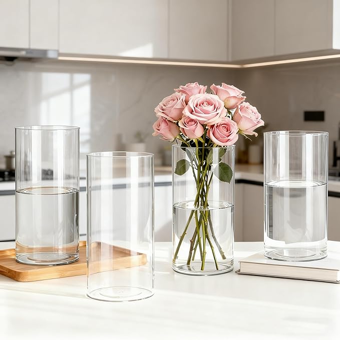 4 Pack Acrylic Cylinder Vases for Centerpieces,10 inch Tall Clear Flower Vases, Unbreakable Vases,Hurricane Candle Holders Floating Candle Vase for Wedding Dinner Table Party Living Room Decor