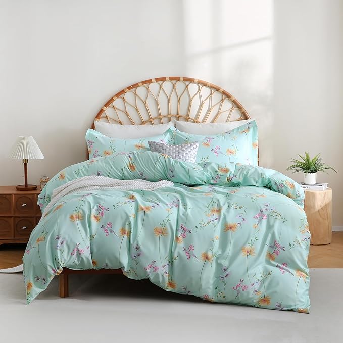 JSD Green Floral Duvet Cover Set Queen Size, 3 Piece Botanical Printed Microfiber Comforter Cover with Corner Ties Zipper Closure