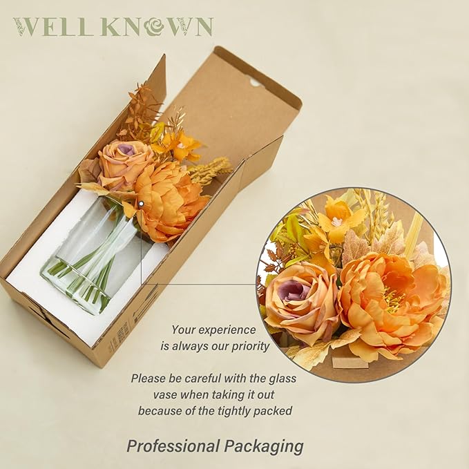 WELL KNOWN Artificial Flowers in Glass Vase, Orange Wrist Gold Silk Rose Peony Flower Bouquet with Fake Water for Fall Winter Home Dinning Table Wedding Christmas Party Lavatory Kitchen Decor & Gift