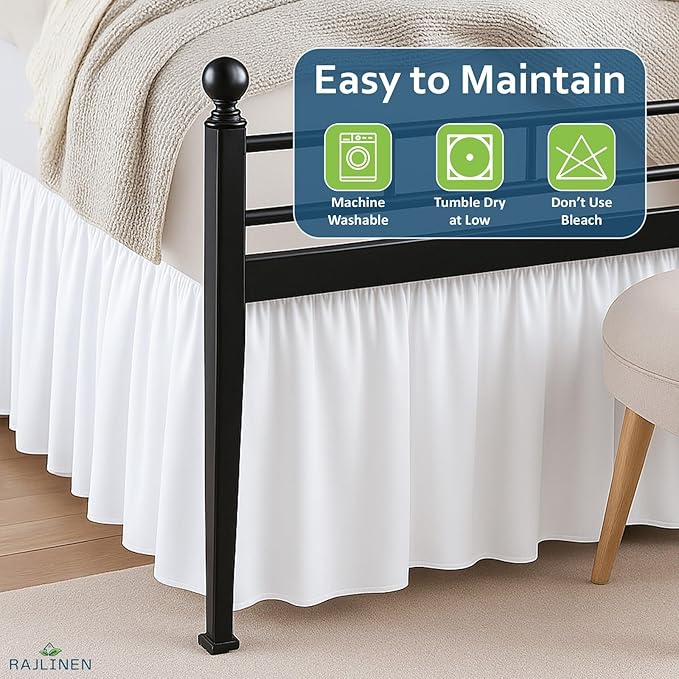Rajlinen Ruffled Bed Skirt Queen, 8 Inch Drop Dust Ruffle with Split Corners, 100% Microfiber Bedskirt with Platform, Three-Sided Coverage Ruffled Gathering Design, White