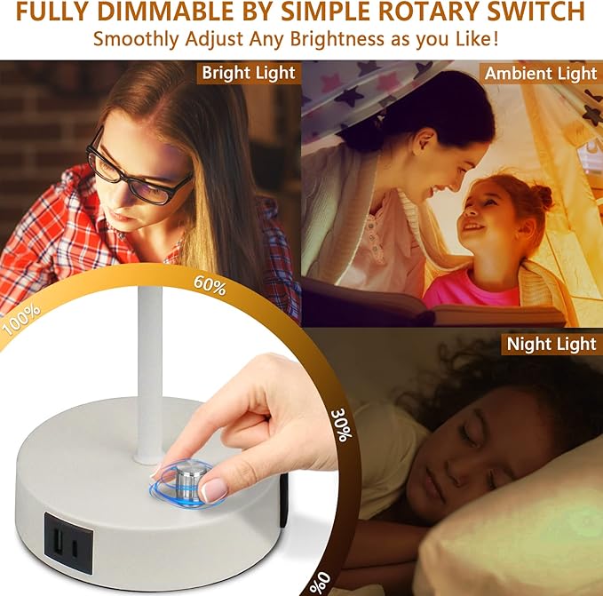 HiBay 17.75" Dimmable Bedside Table Lamp with Charging Station - 2 USB Ports & AC Outlet, Modern White Nightstand Light with Round Fabric Shade for Bedroom Living Room Office, Bulb Included