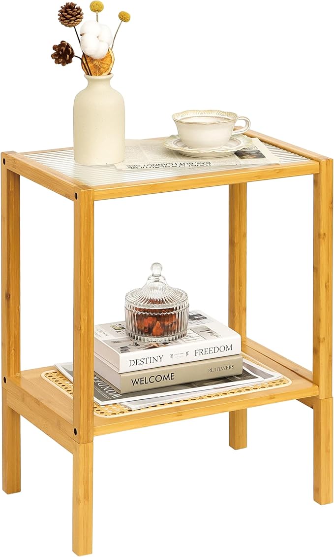 2-Tier Bamboo Side Table, Modern Glasstop Rattan Side Table, Mid Century Wood Sofa-Side End Tables for Living Room, Bedroom Night Stand with Storage, Small Narrow Coffee Tables, Burlywood