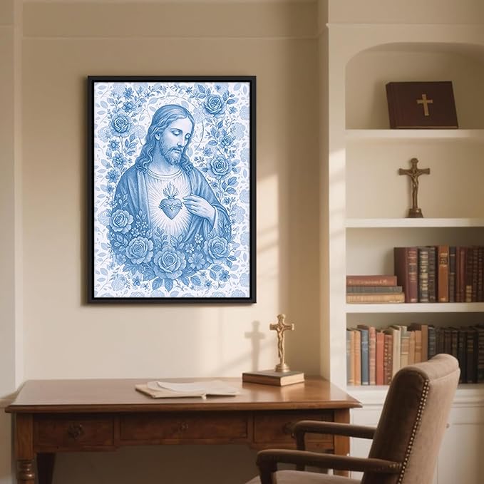 Framed Blue Sacred Heart of Jesus Canvas Wall Art Divine Mercy Wall Decor Jesus Portrait Pictures Catholic Artwork Christian Religious Poster Prints for Living Room Prayer Room Church 16x24in