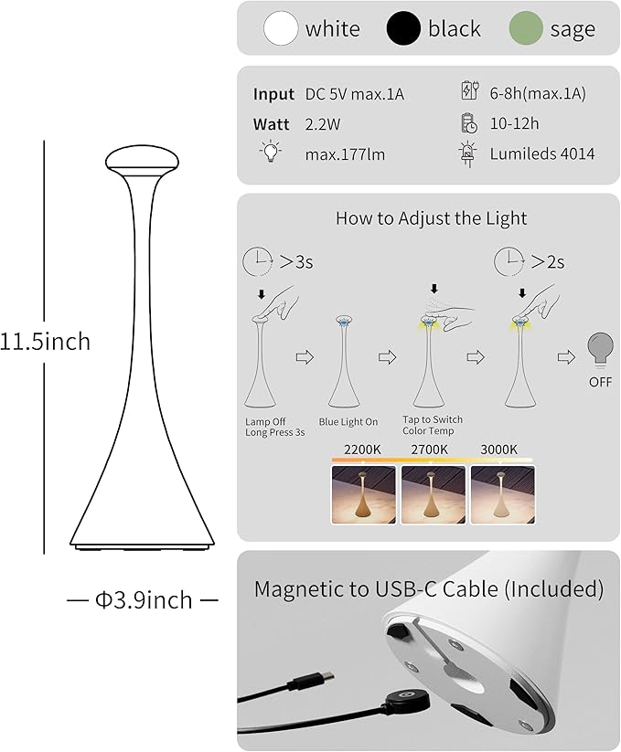 Retro Cordless Table Lamp - Pinup, Beside Touch Lamp with Magnetic Charging, Dimmable & Adjustable Lighting - Rechargeable LED Lamp for HoReCa, Bedroom, Living Room, Outdoor Use (White)