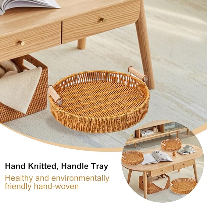 4 Pack 10.8 inch Round Rattan Tray, Round Woven Serving Basket with Handles, Storage Rattan Serving Trays for Home, Restaurant & Hotel Use, Durable & Easy-Cleaning