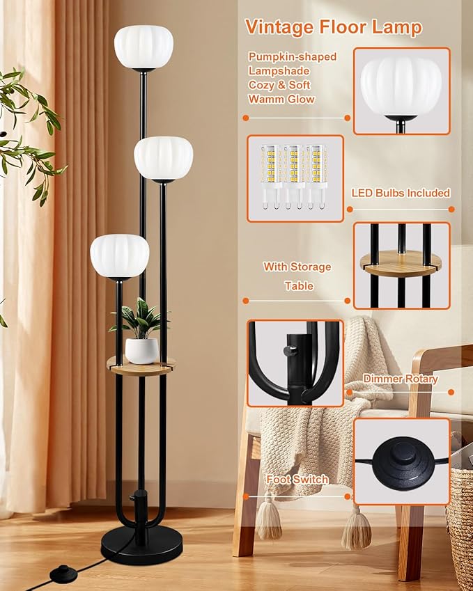 Lightdot Black Floor Lamp with Table, Modern Dimmable Floor Lamps with Pumpkin Lampshade, 3000K Soft Warm White Bulbs Included, 3-Light Tall Standing Lamp for Living Room/Bedroom