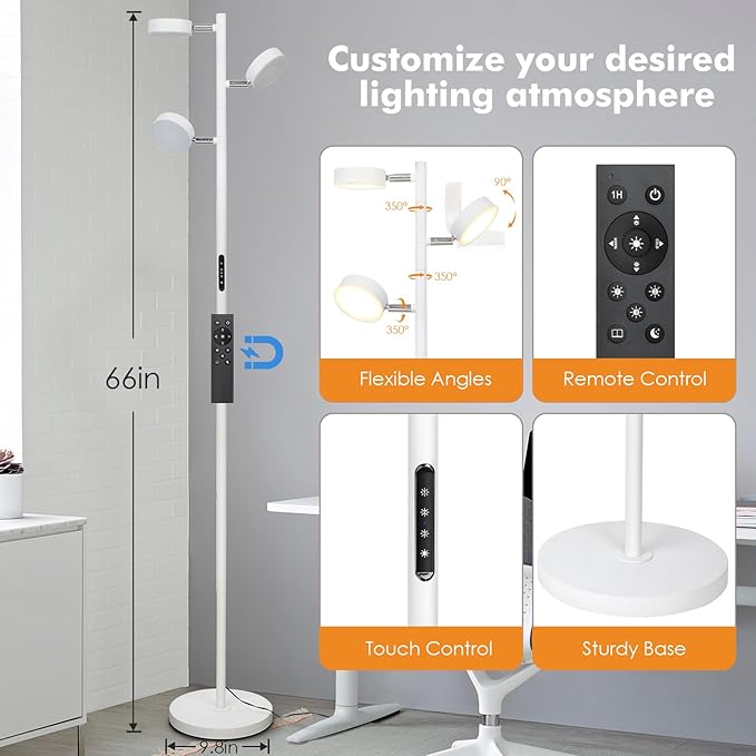 JUNNAI White Floor Lamp with Remote Tall Standing Lamps 30W LED Tree Floor Lamp with 3 Adjustable Heads Touch Control Timer 4 Color Temperatures Light Lamps for Living Room Office Bedroom Crafting