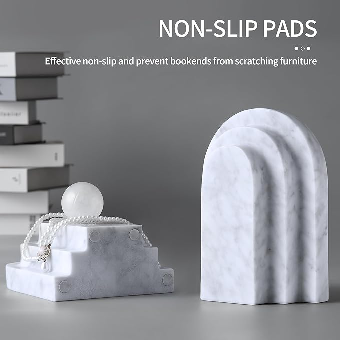 BUICCE Modern Book Ends for Shelves Nature Marble Decorative Bookends Heavy Duty Bookshelf Holder for Office Desk Decoration (White)