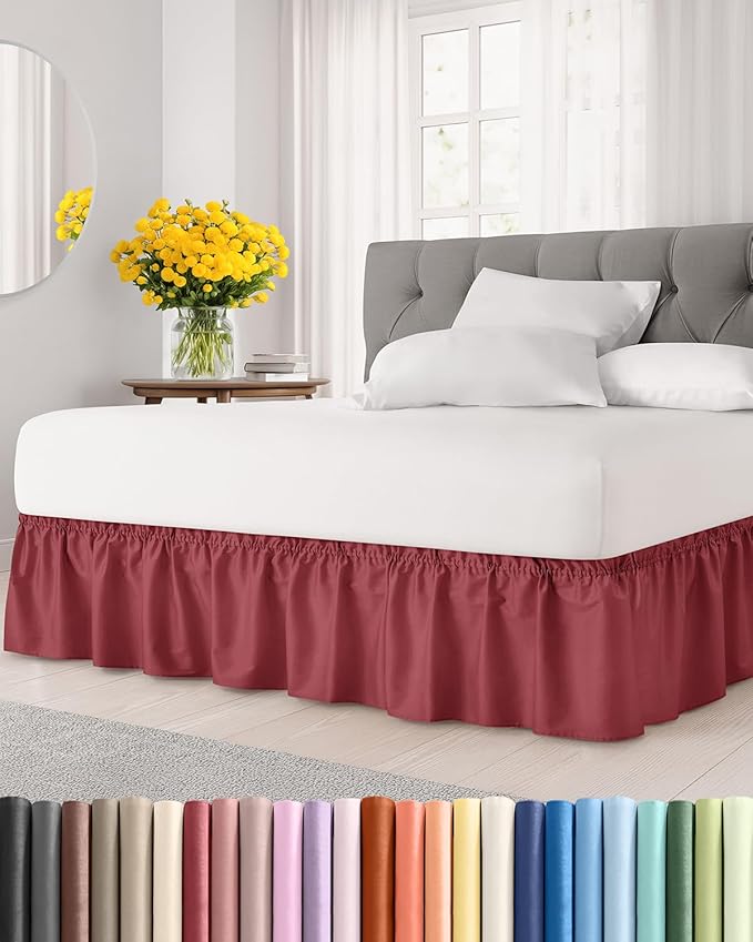 Wrap Around Dust Ruffle Bed Skirt - Burgundy - Twin/Twin XL Size Beds with 24 Inch Drop - Easy Fit Elastic Strap - Adjustable Pleated Bedskirt w/Brushed Fabric Wrinkle Free - Women, Men, Kids & Teens