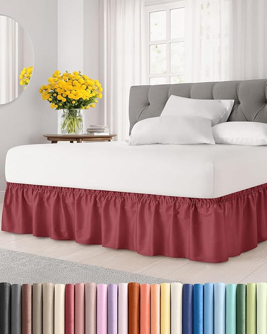 Wrap Around Dust Ruffle Bed Skirt - Burgundy - for Queen Size Beds with 18 Inch Drop - Elastic Strap - Adjustable Pleated Bedskirt with Brushed Fabric and Wrinkle Free - for Women, Men, Kids & Teens