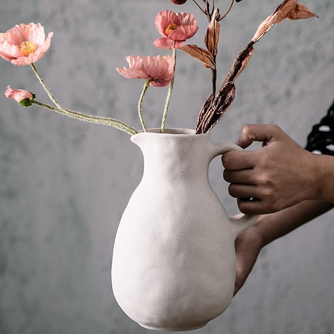 Kimdio Ceramic Vase with Handle, Modern Farmhouse Pitcher Vases for Home Decor, Rustic Pottery Vase, Decorative Clay Flower Vase, Centerpieces for Living Room