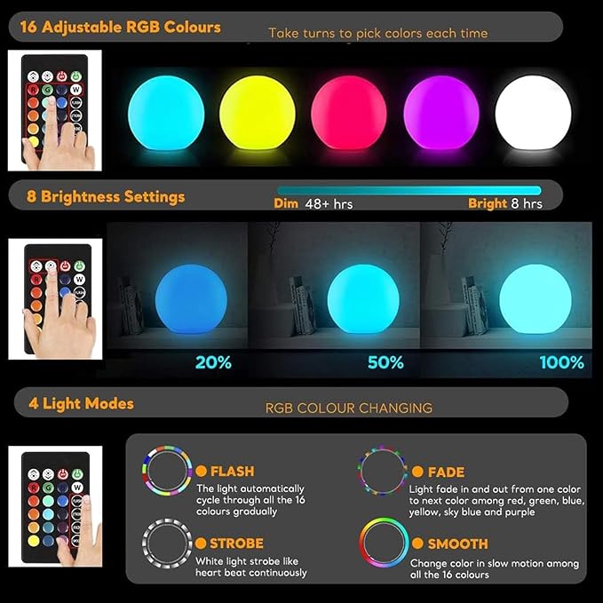 LED Ball Light, 6-inch Glowing Orb Light, Rechargeable Globe Lamp, Dimmable Mood Lights W/Remote, Waterproof Ambient Lighting Lamp for Desk Bedroom Bathroom Patio