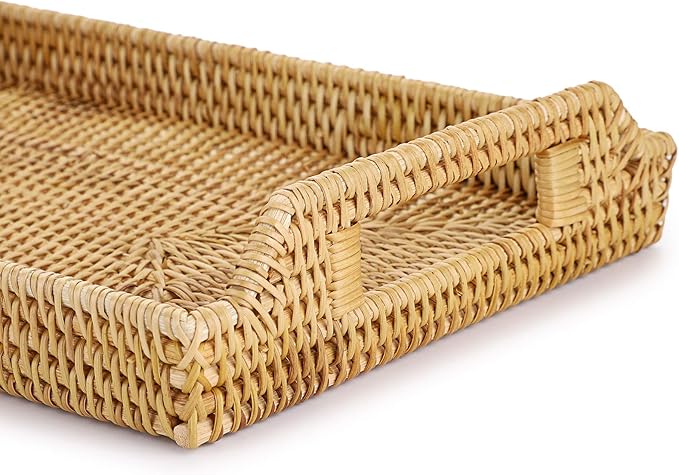 Hipiwe Rattan Serving Tray with Handles - Hand-Woven Decorative Tray for Storage Breakfast, Drinks, Snack,Rectangular Basket Organizer Tray for Coffee Table, Home Decor (Medium)