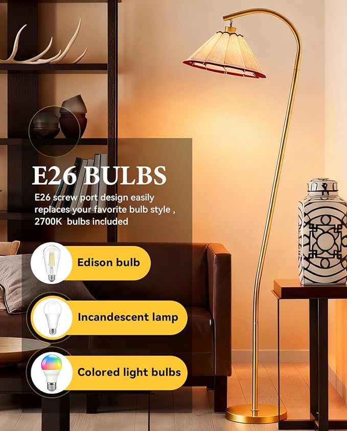 Omlaamy Floor Lamp with Pleated Linen Lampshade, Modern Flower Floor Lamp for Living Room Arc Standing Lamp, Gold Tall Lamp for Bedroom Office Dining Room, Bulb Included (Gold + Red, 65IN)