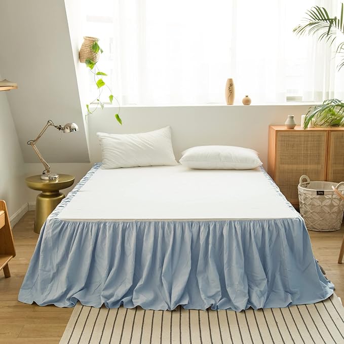 BISELINA French Linen Bed Skirt with Pleated Frills 22-Inch Tailored Drop Natural Flax Cotton Blend Dust Ruffle Soft Cozy Farmhouse Bedding (22" Queen, Dusty Blue)