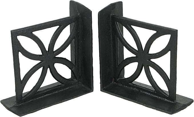 Set of 2 Elegant Black Cast Iron Mid Century Modern Breeze Block Bookends with Floral Design - Stylish Home and Bookshelf Decor Accessories, 5.25 Inches High