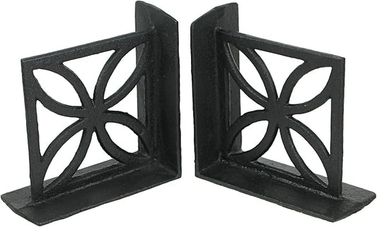 Set of 2 Elegant Black Cast Iron Mid Century Modern Breeze Block Bookends with Floral Design - Stylish Home and Bookshelf Decor Accessories, 5.25 Inches High
