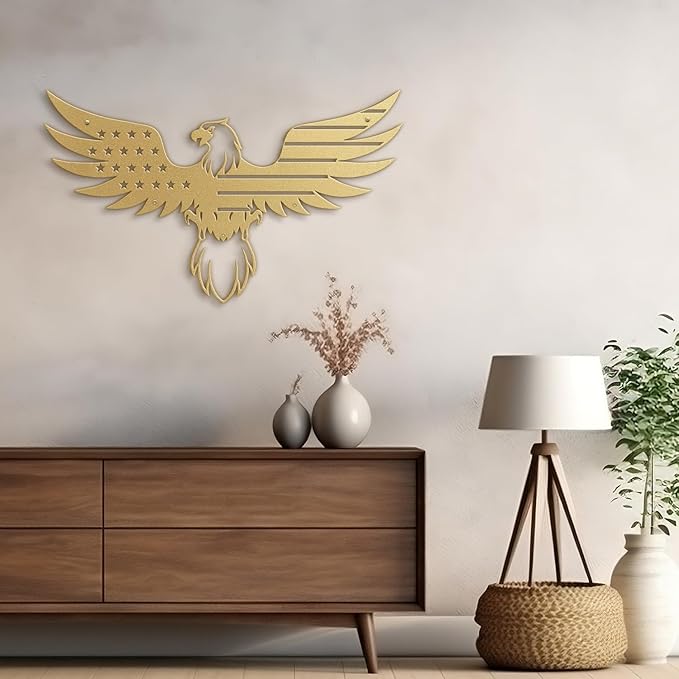 SIGNLEADER Metal Wall Art Decor Eagle Wearing American Flag Minimalist Modern Abstract Wall Sculpture Hangings Home Decoration for Living Room, Bedroom, Bathroom, Kitchen, Outdoor - 18" Gold